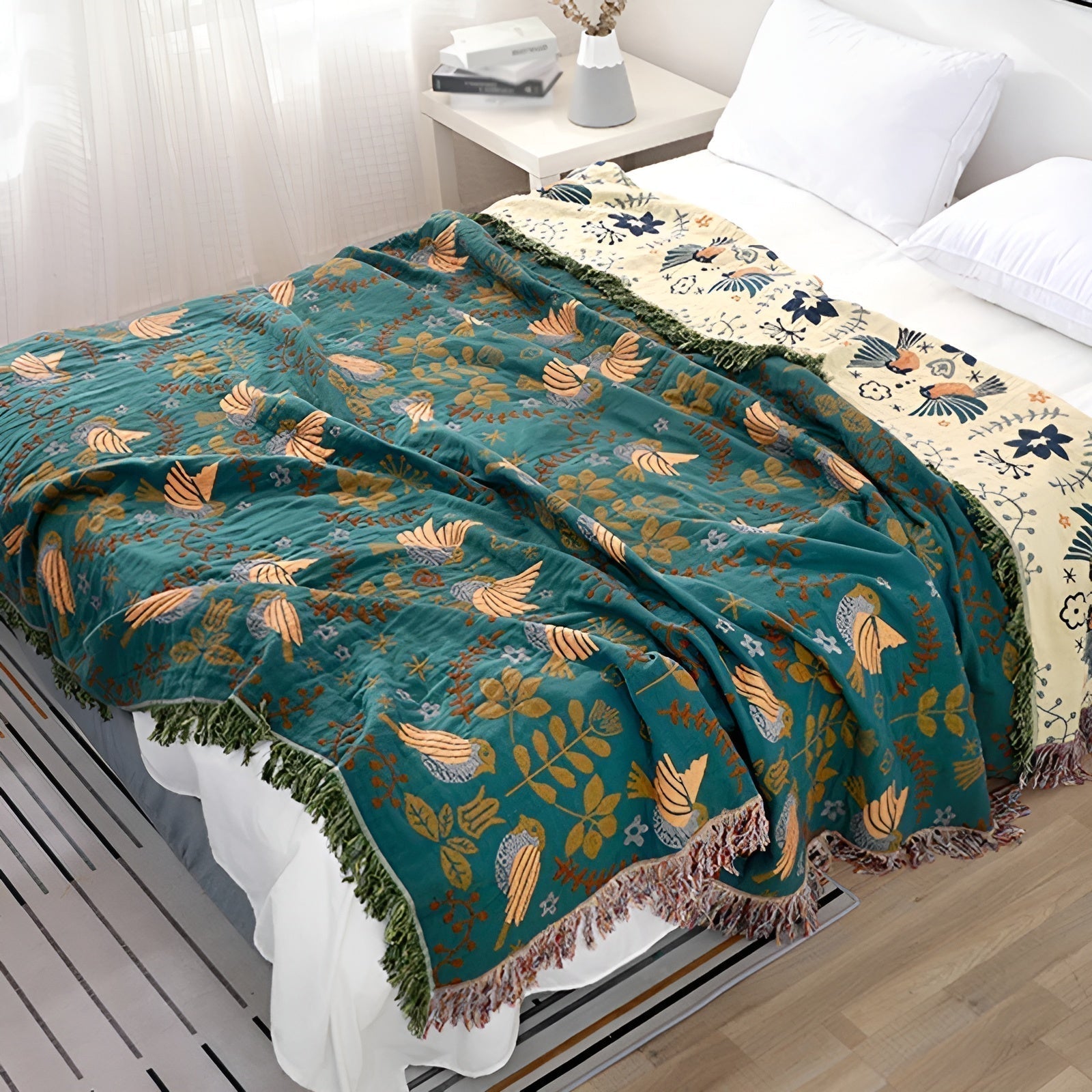 Omkeerbare Deken Boho Vogel- en Bloemenpatroon Woondecoratie